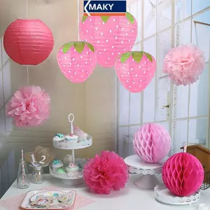 MAKY 3D Dâu Giấy Đèn Lồng Sinh Nhật Cho Bé Tắm Trang Trí Tiệc Treo Dâu Trang Trí Baground Trang Trí Sân Vườn VN