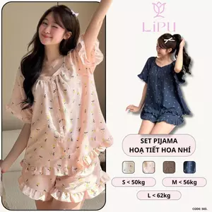 Set Pyjama Cộc Cổ Vuông Hoạ Tiết Hoa Nhí Phối Bèo S03 LIPU