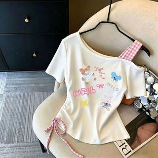 Áo thun bé gái mùa hè tay ngắn lệch vai rút dây thời trang - áo cotton in hình dễ thương