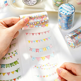ENWEI 65mm * 2m 1 Cuộn [Bunting Celebration Series] Cờ Xanh Ngôi Sao Vòng Hoa Lễ Hội Tiếp Liệu Tạp Chí Vật Liệu Đế Trang Trí Washi Băng Dán Văn Phòng Phẩm