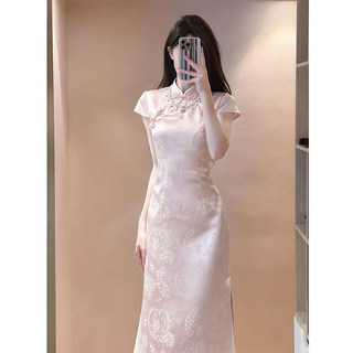 Đầm sườn xám cổ đứng màu hồng phong cách Trung Quốc mới cho nữ, đầm dài ôm dáng thanh lịch mùa hè
