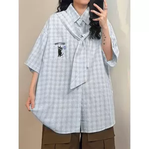 Mùa Hè Tay Ngắn Preppy Kẻ Sọc Mèo Dễ Thương Thêu Áo Sơ Mi Cổ Retro Top Rời Áo Sơ Mi