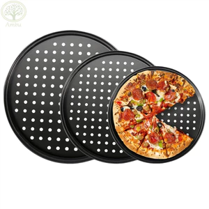 Khay nướng bánh pizza AMBU, Chảo bánh pizza đục lỗ chống dính mục đích Mupti, Dụng cụ làm bánh tròn 10 / 11 / 12 Inch bằng thép Carbon bền Dụng cụ làm bánh tròn giòn & bong bóng