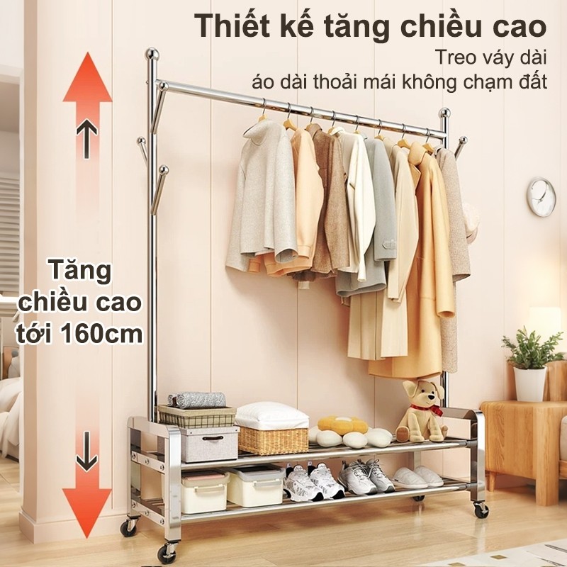 𝐎𝐥𝐢𝐟𝐞 Giá treo quần áo inox dày 2 tầng bánh xe độ chống gỉ giá phơi đồ đa năng chứa giày mũ túi cho phòng