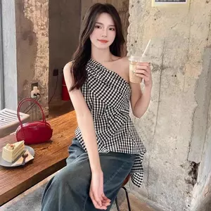 Áo sơ mi không tay hở vai không đều mùa hè dáng rộng kiểu Pháp sang trọng kiểu phương Tây Off-the-