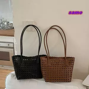 Túi Tote Dệt SAMO, Dây Đeo Có Thể Tháo Rời Đi Biển Kỳ Nghỉ Rỗng Túi Đeo Vai, Đi Chơi Mùa Hè PU Nâu Đậm Túi Tote Dung Tích Lớn Đi Làm