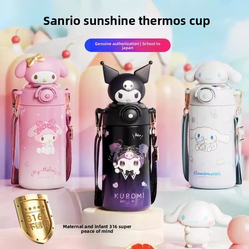 600ml Hoạt Hình Cách Nhiệt Chai Kuromi Pochacco Cinnamoroll Hello Kitty Di Động Ngoài Trời Nhựa Uống Trực Tiếp Có Ống Hút