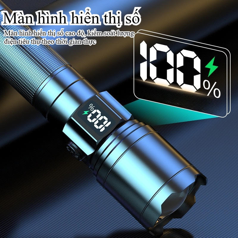 Đèn pin cầm tay siêu sáng, 1800mah pin dung lượng cao, màn hình LCD hiển thị pin, Bấc đèn nhập khẩu, Cổng Sạc TYPE-C