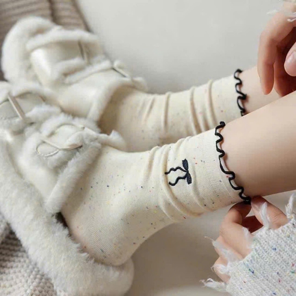 Sét 10 Đôi Tất Nữ Ren Nơ Chấm Sợi Tất Cotton Nguyên Chất Nhật Bản Dễ Thương