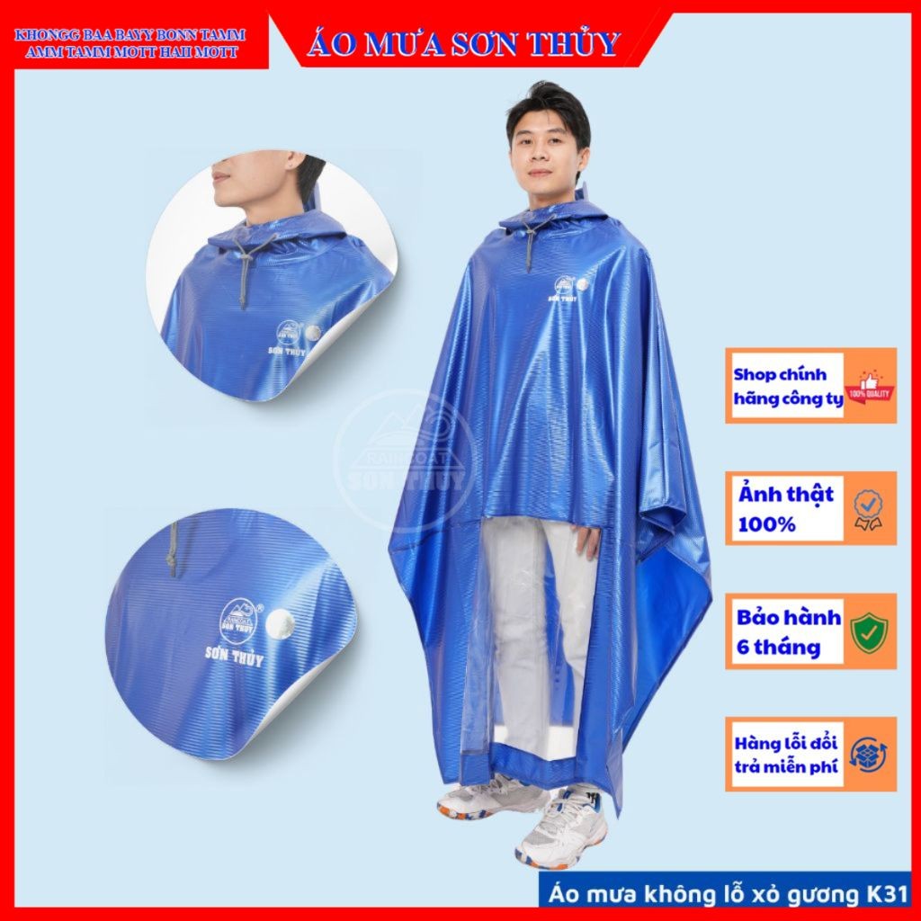 K31-Áo mưa choàng 1 mũ chất liệu mới, nhựa PVC siêu dai, bền bỉ, không lỗ xỏ gương K31 Sơn Thủy aomuasonthuyhn