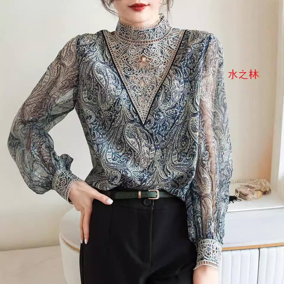 Áo sơ mi nữ mùa xuân phong cách mới phương Tây, thêu đèn lồng công nghiệp nặng