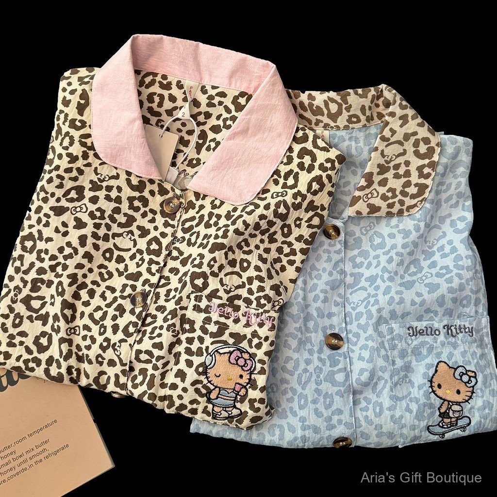 [Aria] Bộ Đồ Ngủ Ba Mảnh Nữ Mùa Hè Với Họa Tiết Da Báo và Hello Kitty
