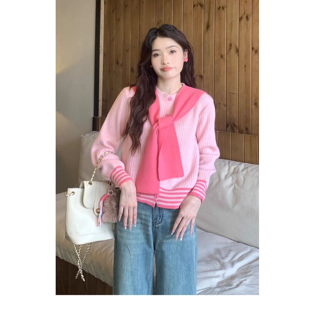 Mutu Preppy Phong Cách Dệt Kim Hàng Đầu Nữ 2026 Mùa Xuân Phong Cách Mới Thiết Kế Niche Rời Tương Phản Áo Len Màu
