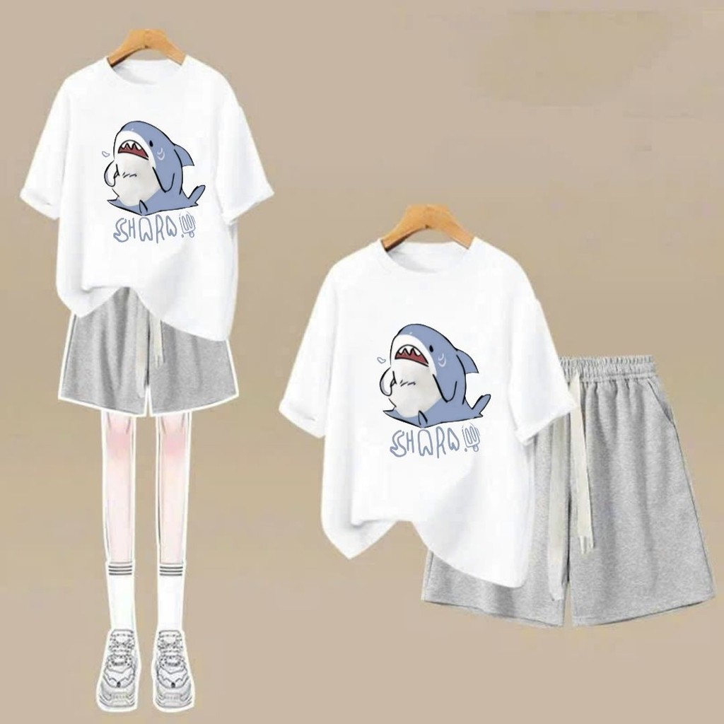 Sét đồ quần đùi cộc + kết hợp áo phông form rộng unisex nam nữ  thời thượng cá mập