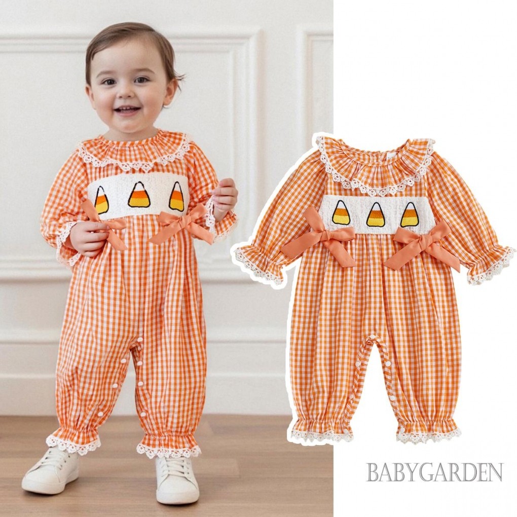 Bộ áo liền quần Halloween cho bé gái - Ren kẻ sọc thêu cổ tròn dài tay cho mùa thu