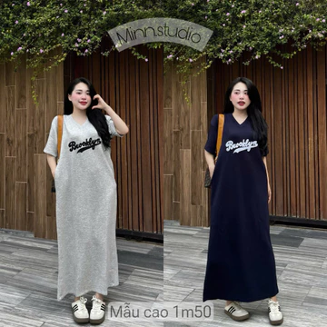 @Minn- Váy Suông Umi Chữ Thêu Dáng Dài. Váy Phom Suông Cổ V, Basic Dễ Mặc Hàng Ngày