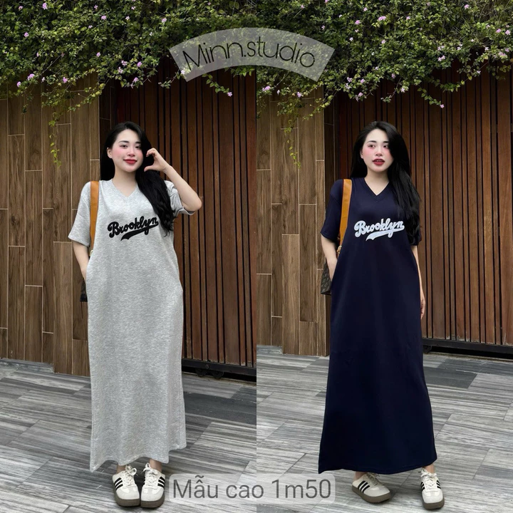 @Minn- Váy Suông Umi Chữ Thêu Dáng Dài. Váy Phom Suông Cổ V, Basic Dễ Mặc Hàng Ngày
