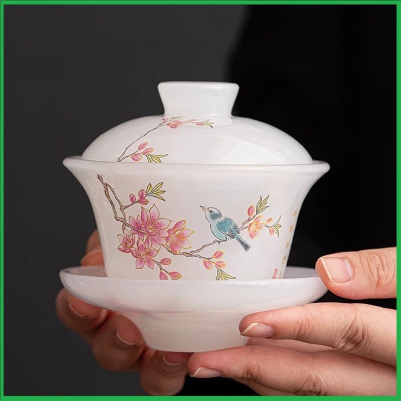 Chén Khải Tiềm Trà Bằng Ngọc Lưu Ly  Họa Tiết Hỷ Thượng My Sảo Cao Cấp Dùng Thưởng Trà