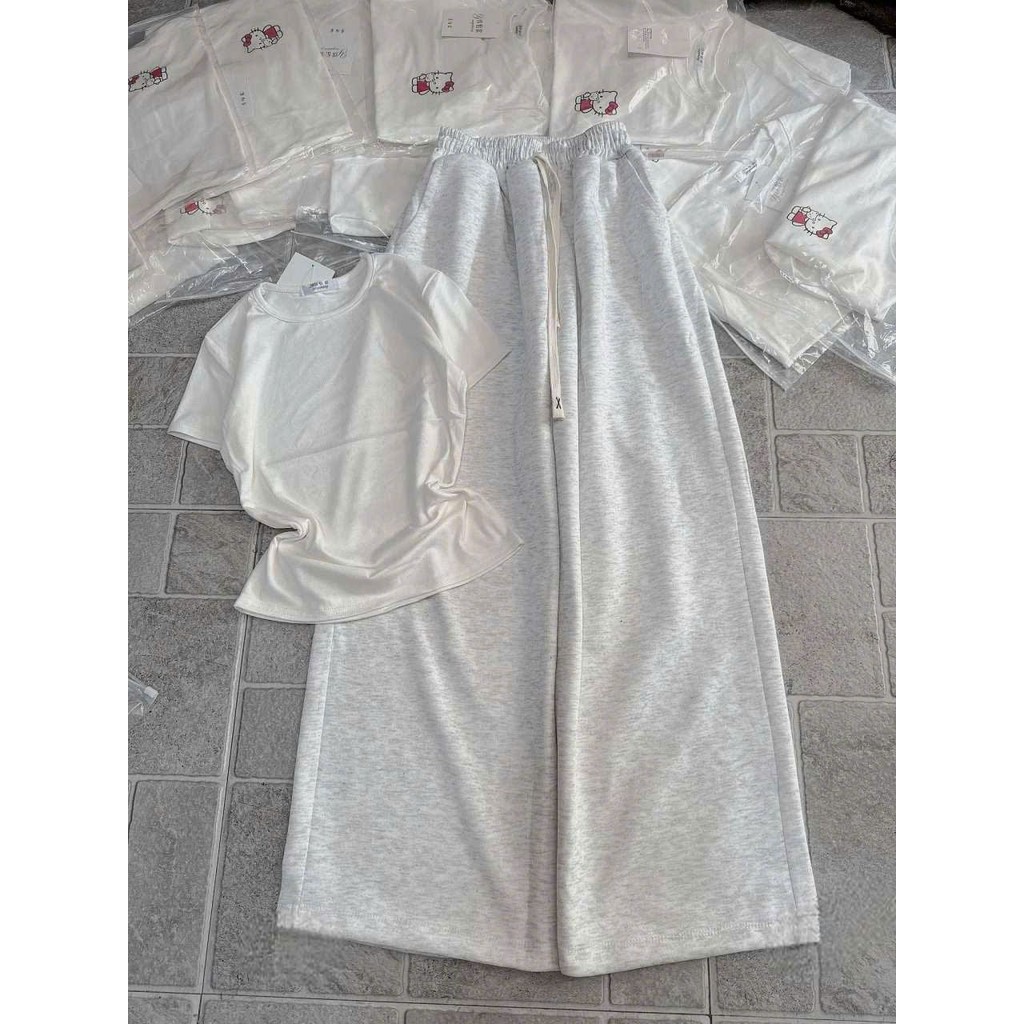 SÉT BỘ QUẦN ỐNG RỘNG DA CÁ DÁNG DÀI TRƠN+ MIX ÁO THUN TĂM CROPTOP TRƠN