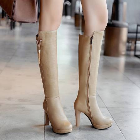 TMLH32-43 Kích Thước Lớn Kích Thước Nhỏ Ngón Chân Tròn Stiletto Cao Gót Thời Trang Phong Cách Đơn Giản Giày Bốt Dài Ngược Dây Kim Loại Hàng Ngày Tua Rua Bên Dây Kéo Giày Bốt