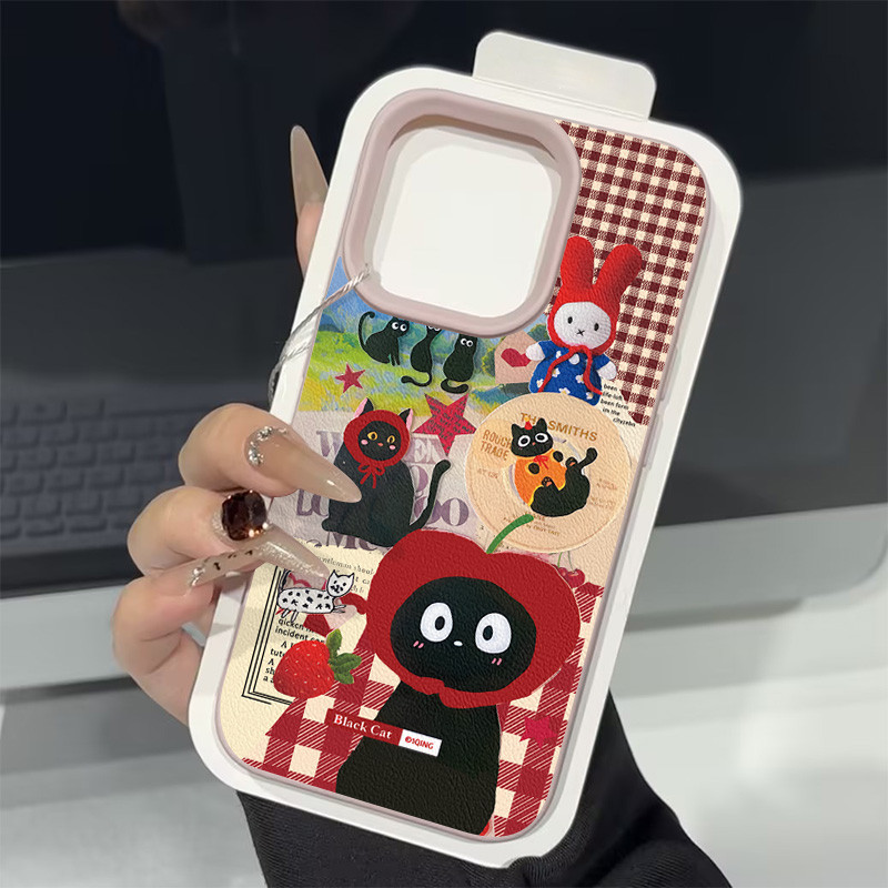 Ốp Lưng Tương Thích Cho IPhone 15 11 13 16 14 12 Pro Max X XS Max XR 14 12 Pro Max 16 15 14 Plus Hoạt Hình Thời Trang Dễ Thương Countryside Dâu Mèo Kẻ Sọc Da Họa Tiết Cảm Giác Da