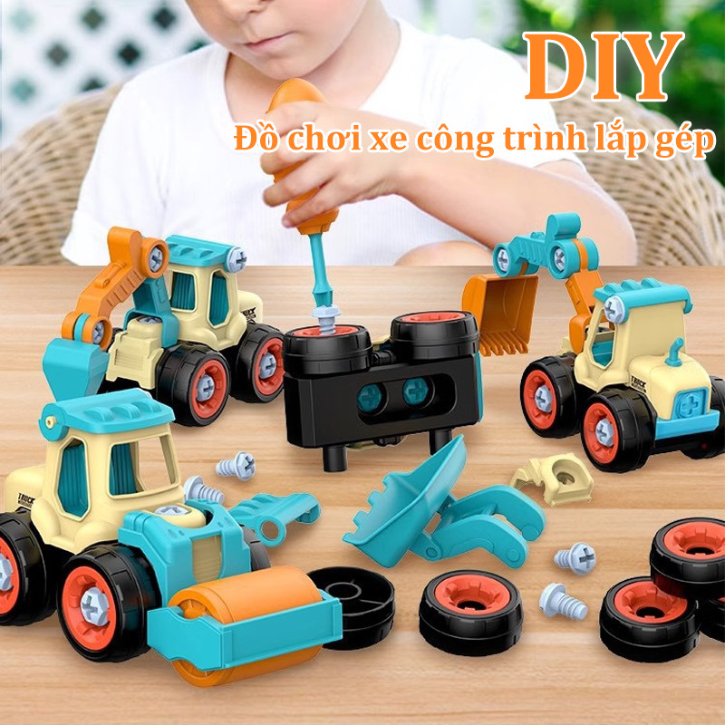 Đồ chơi xe công trình lắp gép, Bộ 4 xe nhiều màu kèm vít & tua vít, đã ghép sẵn kích thích thị giác