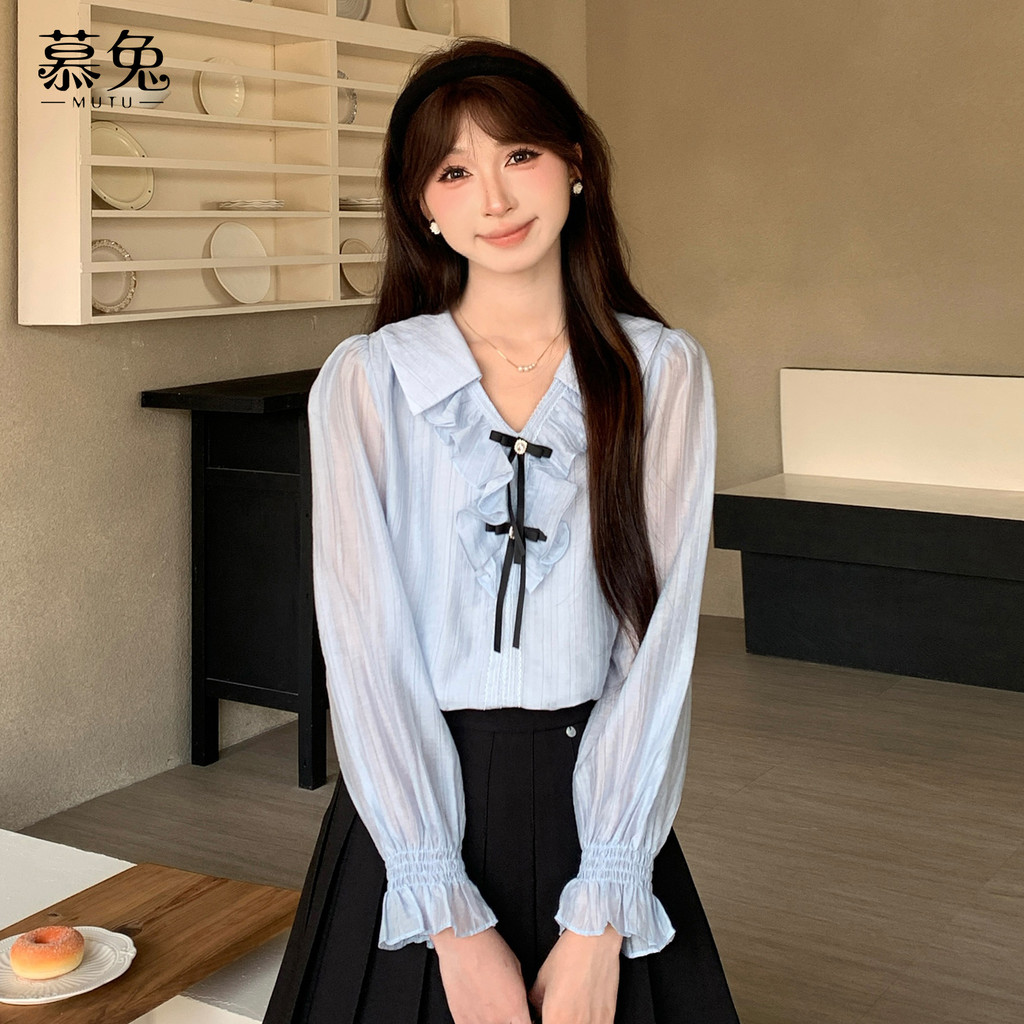 Mutu Áo Sơ Mi Nữ Màu Xanh Dương Nhẹ Nhàng, Cổ Chữ V, Kiểu Dáng Thoải Mái Phù Hợp Mùa Xuân