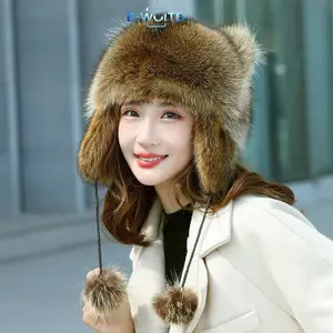 E-WOITD Dễ Thương Đuôi Gấu Trúc Sang Trọng Mũ Nữ Mùa Đông Chống Gió Thi Ấm Tai Thời Trang Ngoài Trời Tai Flaps er Mũ Nga E-WOITD