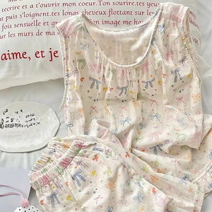 Phụ Nữ Pyjama Nơ Dễ Thương In Áo Vest Không Tay Quần Short Plus Kích Thước Thiết Kế Để Thư Giãn Trong Nhà Hàng Ngày Giải Trí Khoảnh Khắc