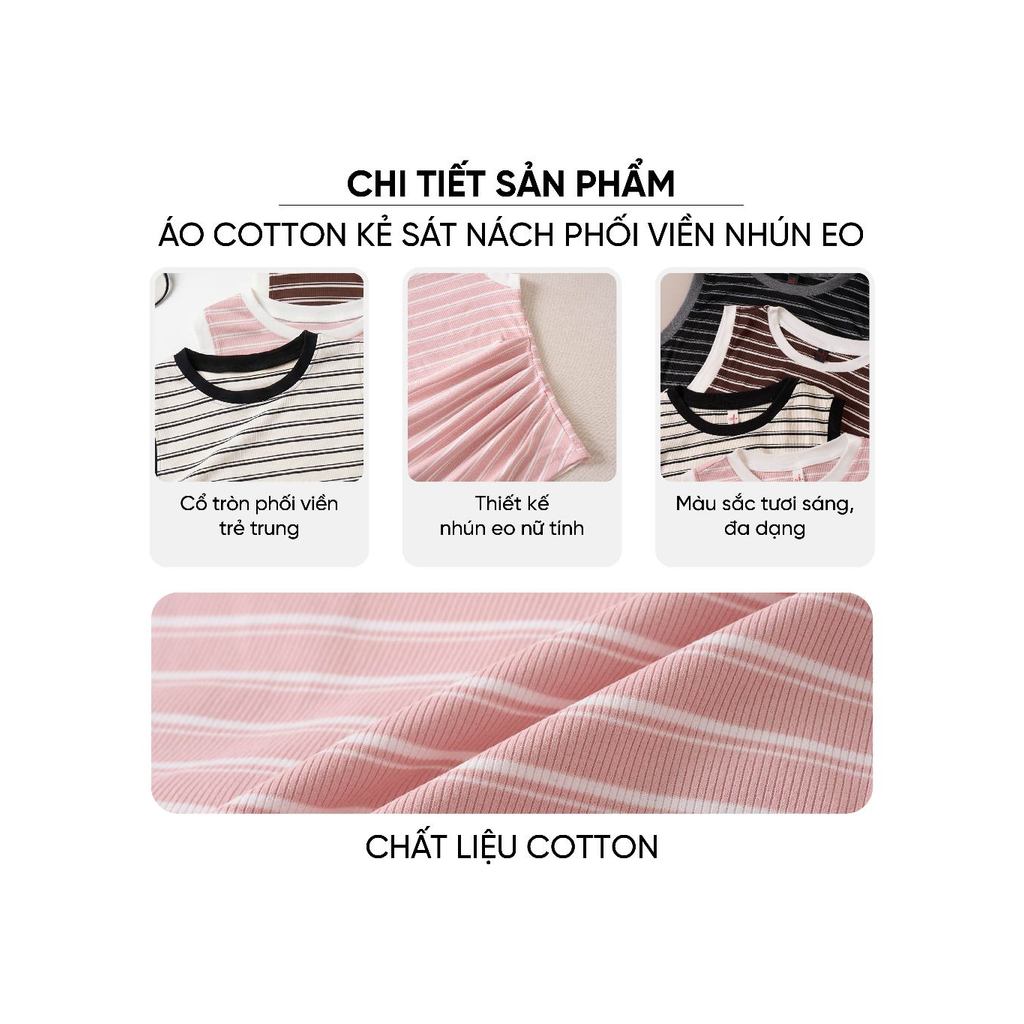 Áo thun nữ CARDINA cotton kẻ sát nách cổ tròn phối viền nhún eo 6ATS01