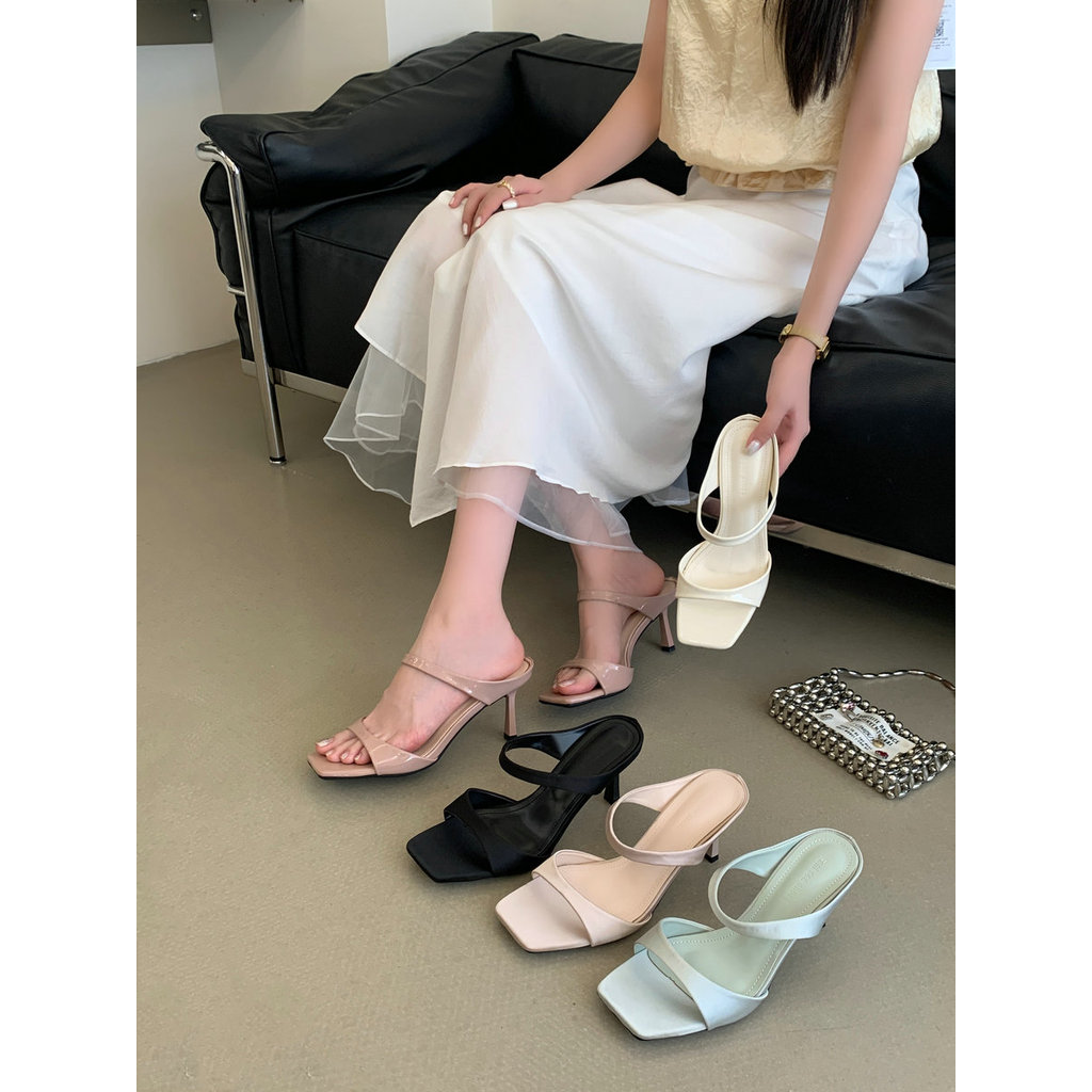 【Lamode】Thời Trang Nữ Giày Vuông Ngón Chân Đế Giày Sandal Nữ Khỏa Thân Bằng Sáng Chế Da Bên Ngoài Mặc Cao Gót Dép