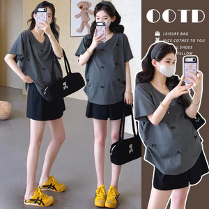 Bộ đồ bà bầu Áo thun nơ mùa hè + Quần short nâng bụng Váy Bộ đồ hai mảnh
