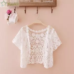 Áo ren YUUKII, Áo khoác mùa hè cô dâu ngắn tay phong cách Crop, Màu đen / trắng thanh lịch mở phía trước họa tiết hoa dành cho nữ