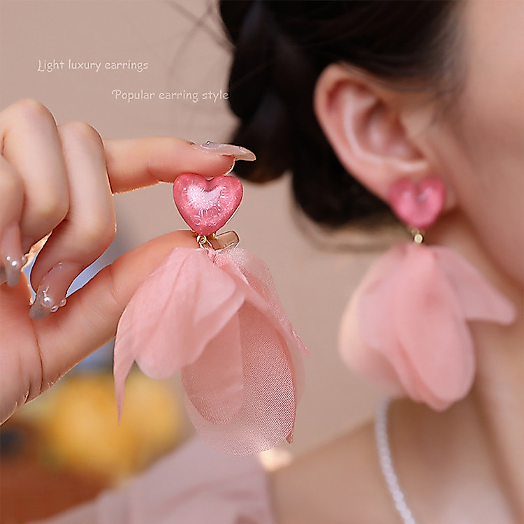 Bông tai vải voan tình yêu màu hồng sang trọng thời trang nữ