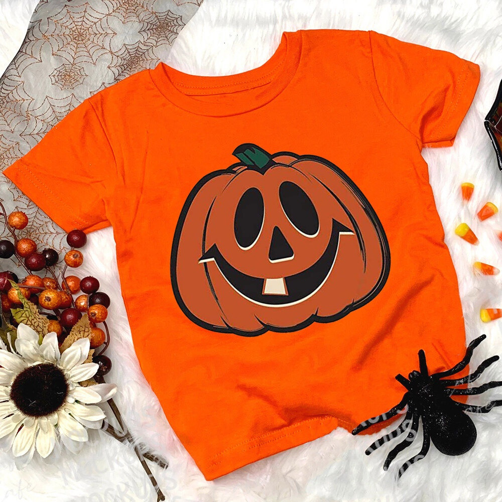 Áo thun ngắn tay in họa tiết bí ngô Halloween cho trẻ em 2-14 tuổi