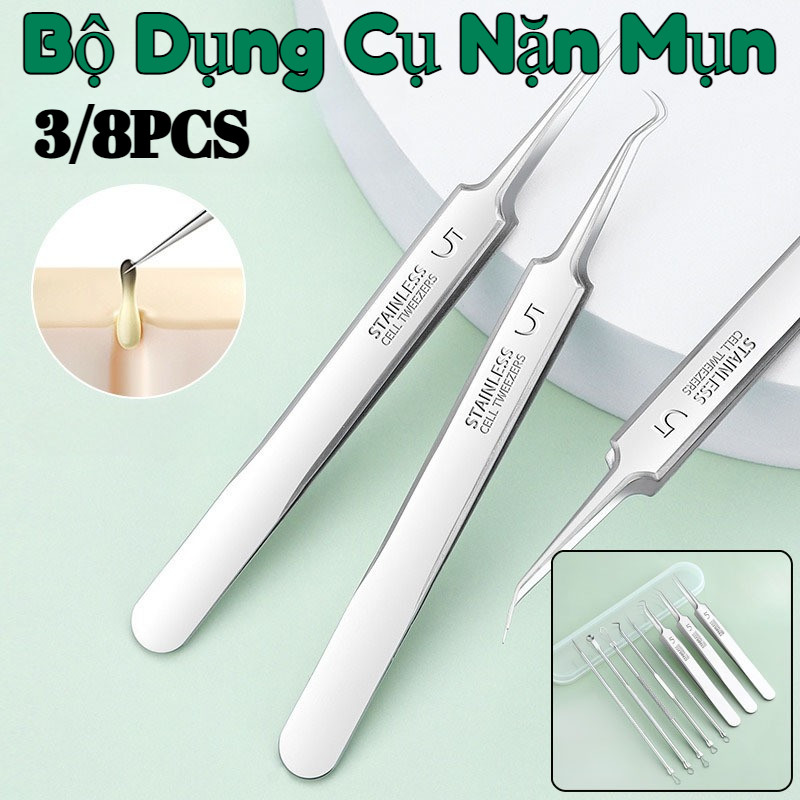 Bộ Dụng Cụ Nặn Mụn,Nhíp Lấy Mụn đầu đen,Đầu Tròn Nhọn Đa Năng,Khử Trùng UV,Loại Bỏ Mụn Đầu Đen & Mụn Ẩn Không Đau