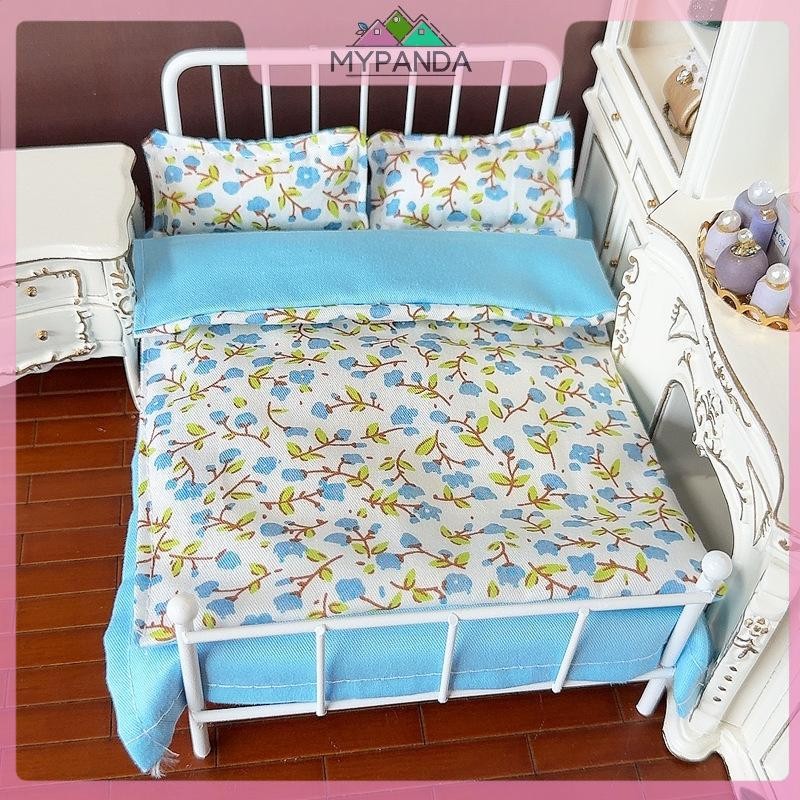 MYPANDA Bộ giường thu nhỏ 1/12 cho nhà búp bê: 4 món ga trải, trang trí phòng ngủ búp bê