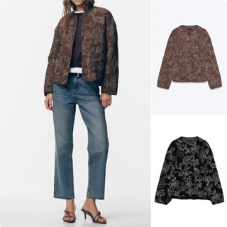 áo khoác Zara made in Morocco trần bông thêu hoa dáng đơn giản 2 túi ốp trẻ trung có nâu và đen