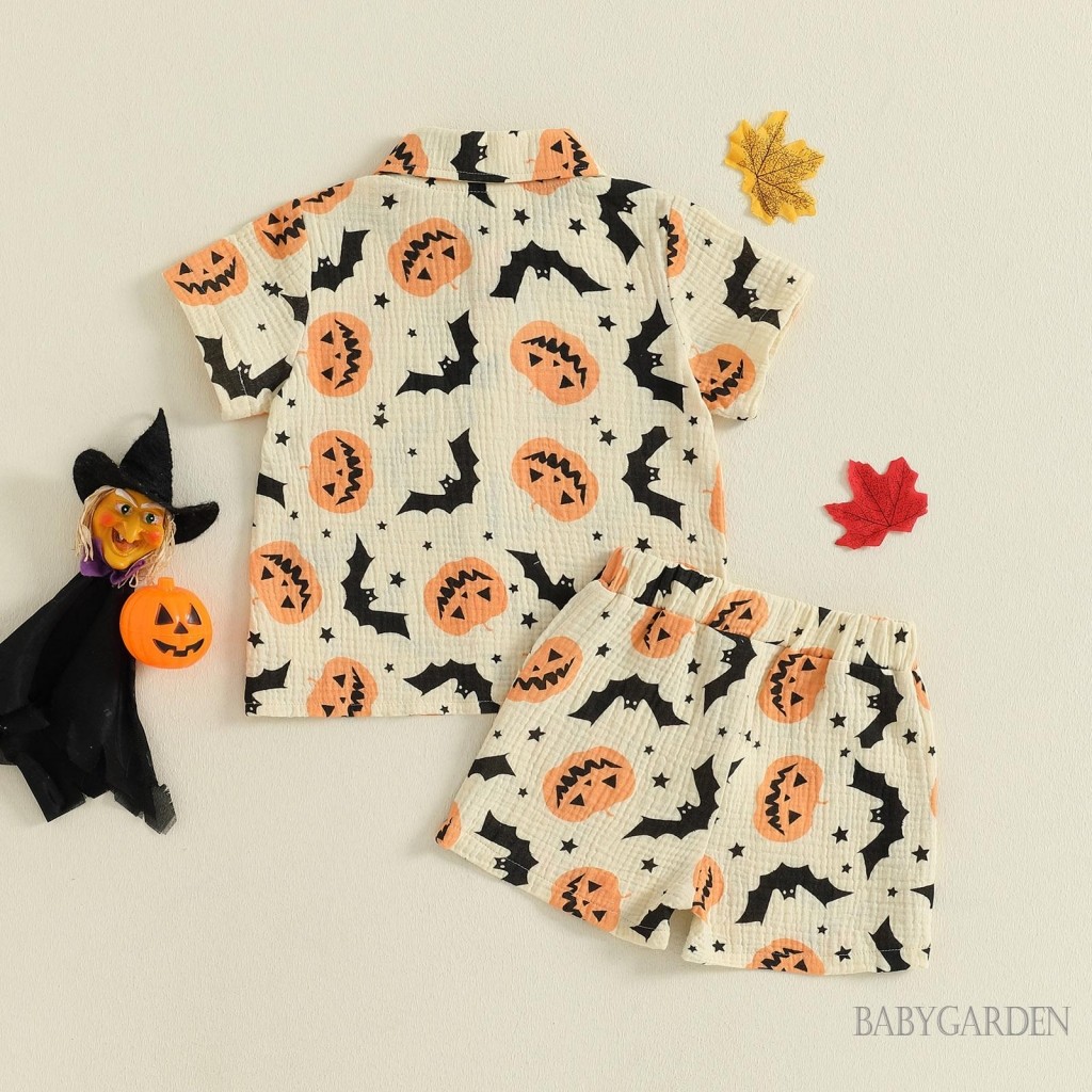 Trẻ Em Bé Trai Trang Phục Halloween Bí Ngô Bát In Hình Áo Sơ Mi Tay Ngắn + Quần Short