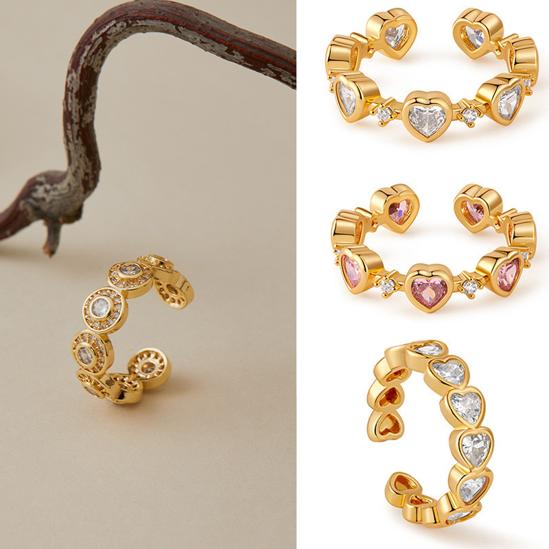 Nhẫn Trái Tim Có Thể Điều Chỉnh Cho Nữ, Trang Sức Ban Nhạc Mở Mạ Vàng Với Pha Lê Zircon