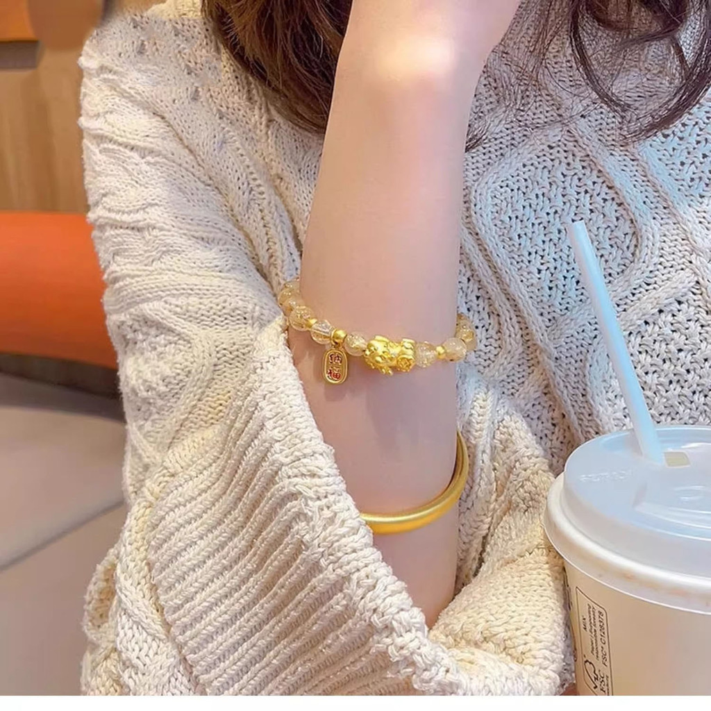 Phong Cách Mới Xiaopengfu Citrine Vòng Tay Pha Lê INS Niche Cao Cấp Dân Tộc Sự Giàu Có Thu Hút Đính Hạt Nẹp