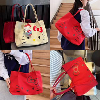 [Đến 3-5 ngày] Túi đeo vai bằng vải Canvas nữ in hình Hello Kitty, Túi Tote nhẹ dung tích lớn để đi học, Chất liệu bền bỉ Thời trang dễ thương