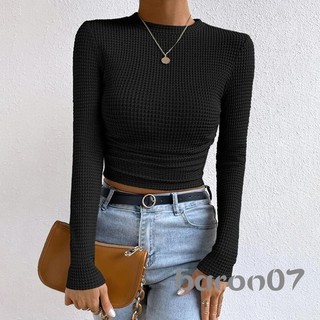 Áo sơ mi nữ cổ tròn mùa thu dài tay màu trơn Slim Fit Crop Basic