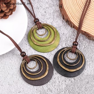 Dây chuyền hình học mặt vòng tròn gỗ, kèm da và xích nhiều lớp - Trang sức vintage thời thượng