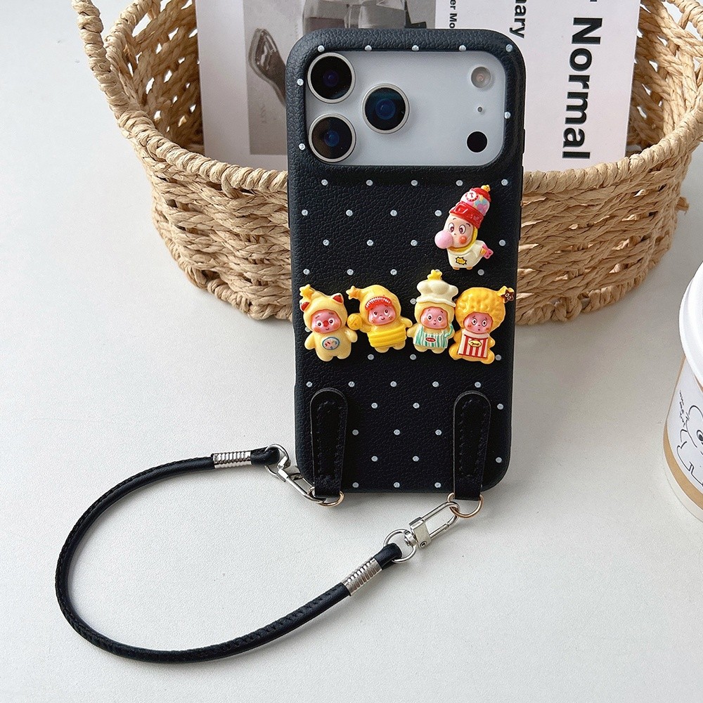 Ốp điện thoại bằng da lấp lánh 3D + dây buộc cho iPhone 17ProMax 17Air 16 15 14 13 12 11 Vỏ bảo vệ chống sốc