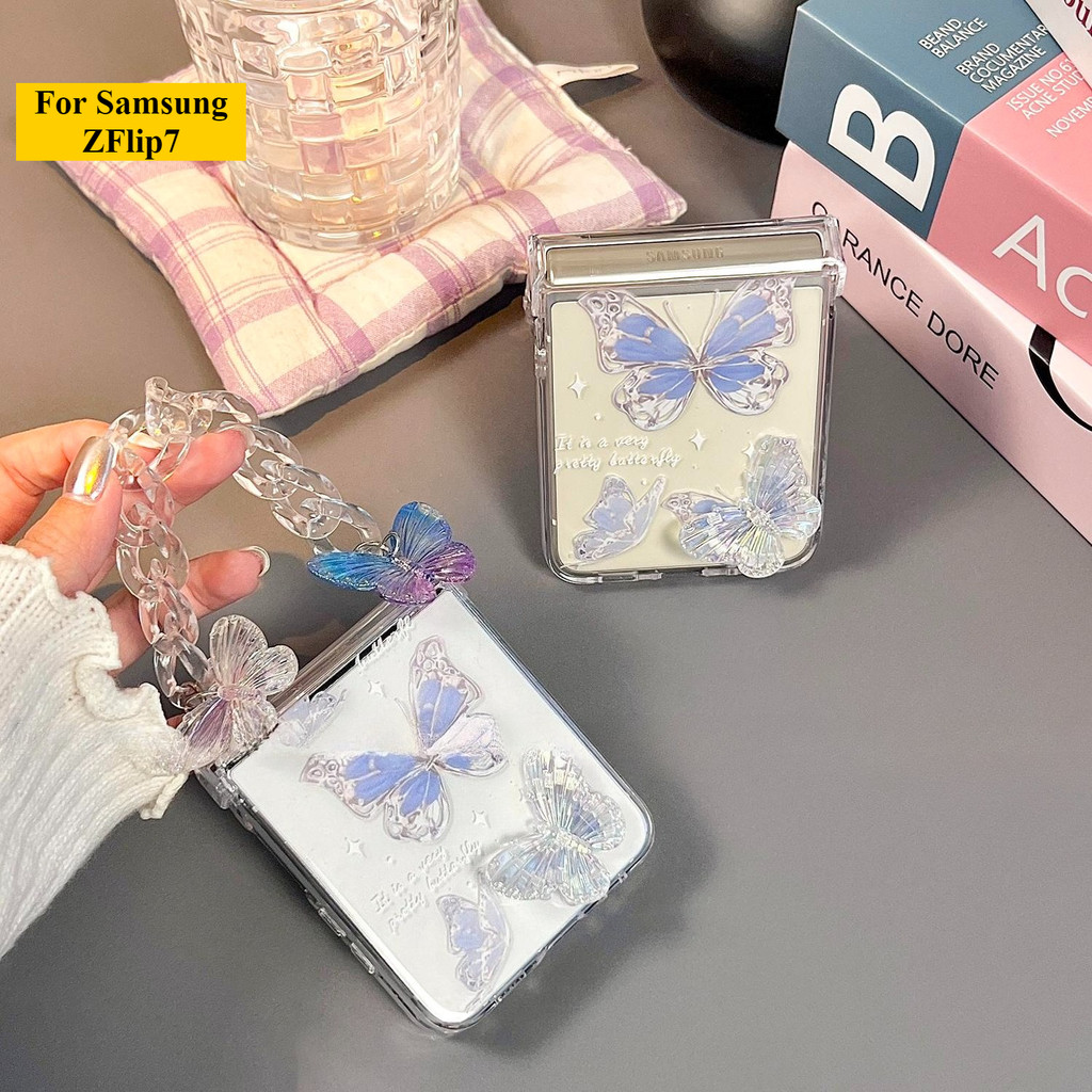 Ốp Điện Thoại Thích Hợp Cho Samsung Galaxy ZFlip7 Vòng Tay Bướm Xanh 3D Trong Suốt Cho ZFlip 7 6 5 4 3 5G Dây Có Thể Gập Lại Vỏ Bảo Vệ Cứng