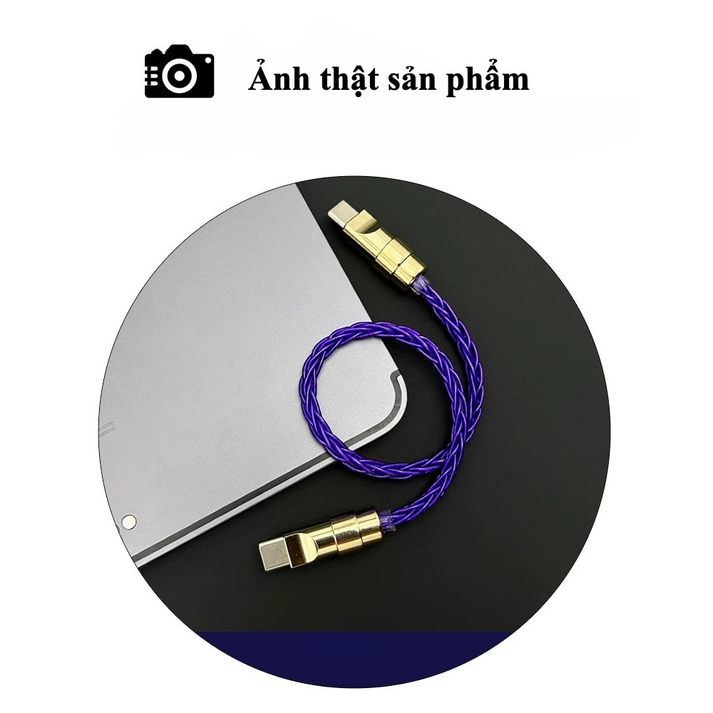 Dây Cáp Sạc Nhanh 60W PD Type C - Ngắn 25cm - Đầu Đồng Phủ Crom Vàng Bóng - Dây bện 8 sợi