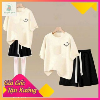 Sét Bộ Quần đùi trơn + mix áo phông form rộng-mặt cười in ngực-