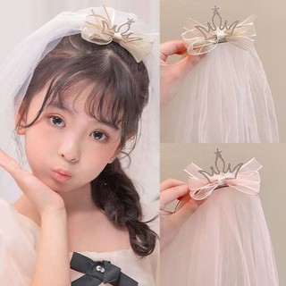 Mới 2025 Vương Miện Ngọt Ngào Veil Trẻ Em Xanh Hồng Công Chúa Tuyn Nơ Kẹp Bé Gái Tiệc Sinh Nhật Cô Dâu Phụ Kiện