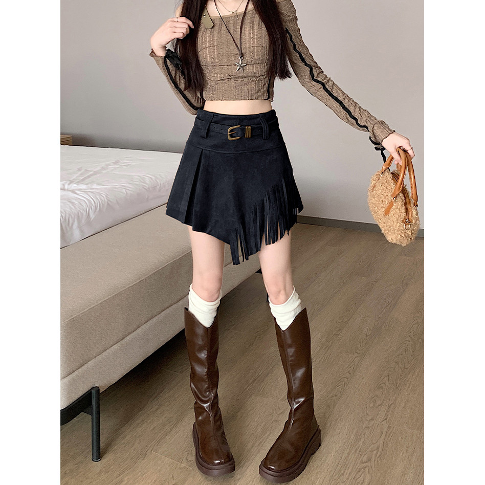 SUXI Váy chữ A lưng cao style cổ điển và đơn giản, phù hợp mùa thu 251007